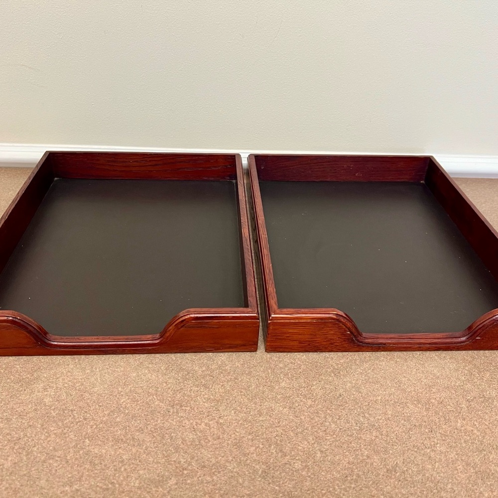 Set of 2 Vintage Eldon Woodline 2500 Desk Organizer Wood Box Letter Tray 1980s